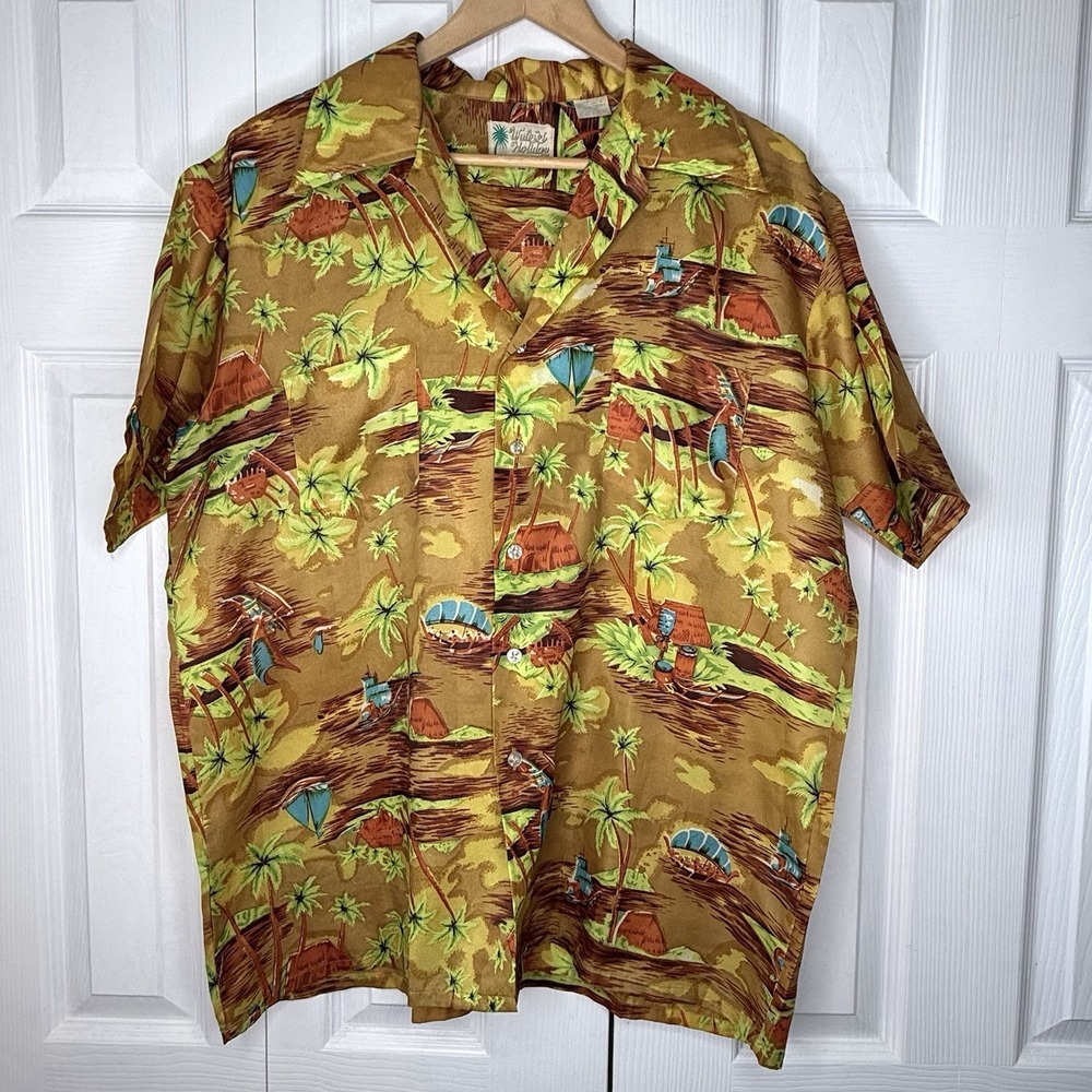Vtg 70s Waikiki Holiday Hawaiian‎ Shirt Mens XL Tropical Island Palm Trees Boho